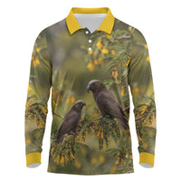 New Zealand Kaka Bird Long Sleeve Polo Shirt Kowhai Flower Landscape Style