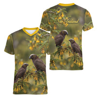 New Zealand Kaka Bird Women V-Neck T-Shirt Kowhai Flower Landscape Style