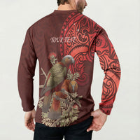 New Zealand Kaka Bird Personalised Button Sweatshirt Pohutukawa Matariki Maori Pattern