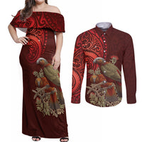 New Zealand Kaka Bird Personalised Couples Matching Off Shoulder Maxi Dress and Long Sleeve Button Shirt Pohutukawa Matariki Maori Pattern