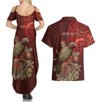 New Zealand Kaka Bird Personalised Couples Matching Summer Maxi Dress and Hawaiian Shirt Pohutukawa Matariki Maori Pattern