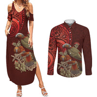 New Zealand Kaka Bird Personalised Couples Matching Summer Maxi Dress and Long Sleeve Button Shirt Pohutukawa Matariki Maori Pattern