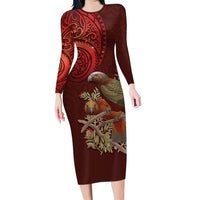 New Zealand Kaka Bird Personalised Family Matching Long Sleeve Bodycon Dress and Hawaiian Shirt Pohutukawa Matariki Maori Pattern LT22 Mom's Dress Red - Polynesian Pride