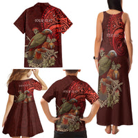 New Zealand Kaka Bird Personalised Family Matching Tank Maxi Dress and Hawaiian Shirt Pohutukawa Matariki Maori Pattern