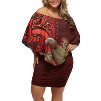 New Zealand Kaka Bird Personalised Off Shoulder Short Dress Pohutukawa Matariki Maori Pattern
