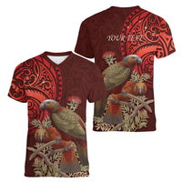 New Zealand Kaka Bird Personalised Women V-Neck T-Shirt Pohutukawa Matariki Maori Pattern