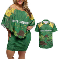 Personalised South Canterbury Anniversary Day Couples Matching Off Shoulder Short Dress and Hawaiian Shirt Kiwi Kowhai Silver Fern Maori Pattern LT22 Green - Polynesian Pride
