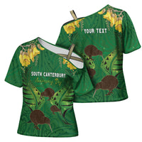 Personalised South Canterbury Anniversary Day Cross Shoulder Shirt Kiwi Kowhai Silver Fern Maori Pattern LT22 - Polynesian Pride