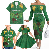 Personalised South Canterbury Anniversary Day Family Matching Off The Shoulder Long Sleeve Dress and Hawaiian Shirt Kiwi Kowhai Silver Fern Maori Pattern LT22 - Polynesian Pride