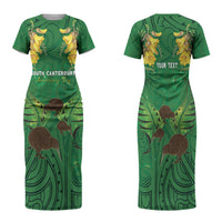 Personalised South Canterbury Anniversary Day Family Matching Short Sleeve Bodycon Dress and Hawaiian Shirt Kiwi Kowhai Silver Fern Maori Pattern LT22 Mom's Dress Green - Polynesian Pride
