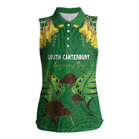 Personalised South Canterbury Anniversary Day Women Sleeveless Polo Shirt Kiwi Kowhai Silver Fern Maori Pattern LT22 Female Green - Polynesian Pride
