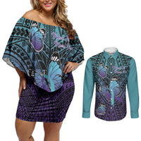 Personalised New Zealand Suicide Prevention Month Couples Matching Off Shoulder Short Dress and Long Sleeve Button Shirt Maori Mauri Tu Mauri Ora Polynesian Pattern LT22 Teal - Polynesian Pride