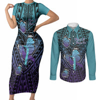 Personalised New Zealand Suicide Prevention Month Couples Matching Short Sleeve Bodycon Dress and Long Sleeve Button Shirt Maori Mauri Tu Mauri Ora Polynesian Pattern LT22 Teal - Polynesian Pride