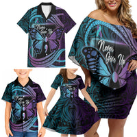 Personalised Polynesia Suicide Prevention Month Family Matching Off Shoulder Short Dress and Hawaiian Shirt Semicolon Butterfly Never Give Up Polynesian Pattern LT22 - Polynesian Pride