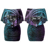 Personalised Polynesia Suicide Prevention Month Family Matching Off Shoulder Short Dress and Hawaiian Shirt Semicolon Butterfly Never Give Up Polynesian Pattern LT22 Mom's Dress Teal - Polynesian Pride