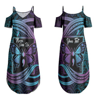 Personalised Polynesia Suicide Prevention Month Family Matching Summer Maxi Dress and Hawaiian Shirt Semicolon Butterfly Never Give Up Polynesian Pattern LT22 Mom's Dress Teal - Polynesian Pride