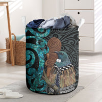 New Zealand Tui Bird Wahaika Laundry Basket Maori Weapon Paua Shell Koru Pattern LT22 Black - Polynesian Pride