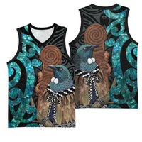 New Zealand Tui Bird Wahaika Basketball Jersey Maori Weapon Paua Shell Koru Pattern LT22 - Polynesian Pride