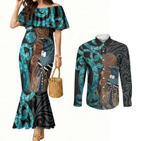 New Zealand Tui Bird Wahaika Couples Matching Mermaid Dress and Long Sleeve Button Shirt Maori Weapon Paua Shell Koru Pattern LT22 Black - Polynesian Pride
