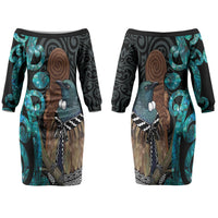 New Zealand Tui Bird Wahaika Couples Matching Off The Shoulder Long Sleeve Dress and Long Sleeve Button Shirt Maori Weapon Paua Shell Koru Pattern LT22 - Polynesian Pride