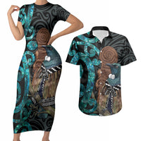 New Zealand Tui Bird Wahaika Couples Matching Short Sleeve Bodycon Dress and Hawaiian Shirt Maori Weapon Paua Shell Koru Pattern LT22 Black - Polynesian Pride