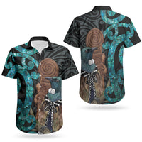 New Zealand Tui Bird Wahaika Couples Matching Short Sleeve Bodycon Dress and Hawaiian Shirt Maori Weapon Paua Shell Koru Pattern LT22 - Polynesian Pride