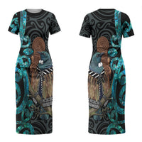 New Zealand Tui Bird Wahaika Couples Matching Short Sleeve Bodycon Dress and Hawaiian Shirt Maori Weapon Paua Shell Koru Pattern LT22 - Polynesian Pride