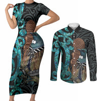 New Zealand Tui Bird Wahaika Couples Matching Short Sleeve Bodycon Dress and Long Sleeve Button Shirt Maori Weapon Paua Shell Koru Pattern LT22 Black - Polynesian Pride