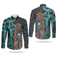 New Zealand Tui Bird Wahaika Couples Matching Summer Maxi Dress and Long Sleeve Button Shirt Maori Weapon Paua Shell Koru Pattern LT22 - Polynesian Pride
