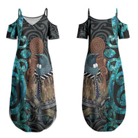 New Zealand Tui Bird Wahaika Couples Matching Summer Maxi Dress and Long Sleeve Button Shirt Maori Weapon Paua Shell Koru Pattern LT22 - Polynesian Pride