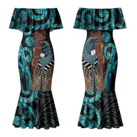 New Zealand Tui Bird Wahaika Family Matching Mermaid Dress and Hawaiian Shirt Maori Weapon Paua Shell Koru Pattern LT22 Mom's Dress Black - Polynesian Pride