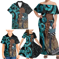 New Zealand Tui Bird Wahaika Family Matching Off Shoulder Maxi Dress and Hawaiian Shirt Maori Weapon Paua Shell Koru Pattern LT22 - Polynesian Pride