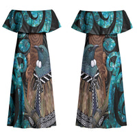 New Zealand Tui Bird Wahaika Family Matching Off Shoulder Maxi Dress and Hawaiian Shirt Maori Weapon Paua Shell Koru Pattern LT22 Mom's Dress Black - Polynesian Pride