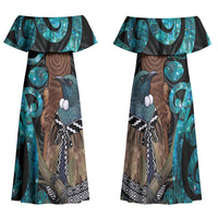 New Zealand Tui Bird Wahaika Family Matching Off Shoulder Maxi Dress and Hawaiian Shirt Maori Weapon Paua Shell Koru Pattern LT22 Mom's Dress Black - Polynesian Pride