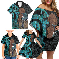 New Zealand Tui Bird Wahaika Family Matching Off Shoulder Short Dress and Hawaiian Shirt Maori Weapon Paua Shell Koru Pattern LT22 - Polynesian Pride