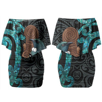 New Zealand Tui Bird Wahaika Family Matching Off Shoulder Short Dress and Hawaiian Shirt Maori Weapon Paua Shell Koru Pattern LT22 Mom's Dress Black - Polynesian Pride