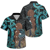 New Zealand Tui Bird Wahaika Family Matching Off Shoulder Short Dress and Hawaiian Shirt Maori Weapon Paua Shell Koru Pattern LT22 Son's Shirt Black - Polynesian Pride