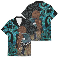 New Zealand Tui Bird Wahaika Family Matching Puletasi and Hawaiian Shirt Maori Weapon Paua Shell Koru Pattern LT22 Dad's Shirt - Short Sleeve Black - Polynesian Pride
