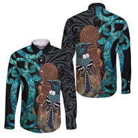 New Zealand Tui Bird Wahaika Family Matching Puletasi and Hawaiian Shirt Maori Weapon Paua Shell Koru Pattern LT22 Dad's Shirt - Long Sleeve Black - Polynesian Pride