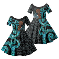 New Zealand Tui Bird Wahaika Family Matching Puletasi and Hawaiian Shirt Maori Weapon Paua Shell Koru Pattern LT22 Daughter's Dress Black - Polynesian Pride