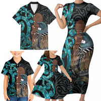 New Zealand Tui Bird Wahaika Family Matching Short Sleeve Bodycon Dress and Hawaiian Shirt Maori Weapon Paua Shell Koru Pattern LT22 - Polynesian Pride