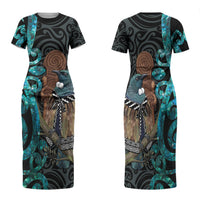 New Zealand Tui Bird Wahaika Family Matching Short Sleeve Bodycon Dress and Hawaiian Shirt Maori Weapon Paua Shell Koru Pattern LT22 Mom's Dress Black - Polynesian Pride