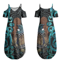 New Zealand Tui Bird Wahaika Family Matching Summer Maxi Dress and Hawaiian Shirt Maori Weapon Paua Shell Koru Pattern LT22 Mom's Dress Black - Polynesian Pride