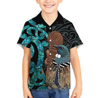 New Zealand Tui Bird Wahaika Kid Hawaiian Shirt Maori Weapon Paua Shell Koru Pattern LT22 Kid Black - Polynesian Pride