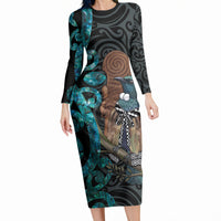 New Zealand Tui Bird Wahaika Long Sleeve Bodycon Dress Maori Weapon Paua Shell Koru Pattern LT22 Long Dress Black - Polynesian Pride