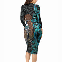 New Zealand Tui Bird Wahaika Long Sleeve Bodycon Dress Maori Weapon Paua Shell Koru Pattern LT22 - Polynesian Pride