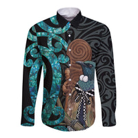 New Zealand Tui Bird Wahaika Long Sleeve Button Shirt Maori Weapon Paua Shell Koru Pattern LT22 Unisex Black - Polynesian Pride