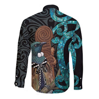 New Zealand Tui Bird Wahaika Long Sleeve Button Shirt Maori Weapon Paua Shell Koru Pattern LT22 - Polynesian Pride