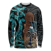 New Zealand Tui Bird Wahaika Long Sleeve Shirt Maori Weapon Paua Shell Koru Pattern LT22 Unisex Black - Polynesian Pride