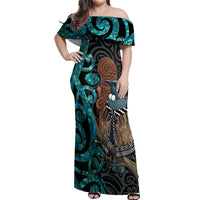 New Zealand Tui Bird Wahaika Off Shoulder Maxi Dress Maori Weapon Paua Shell Koru Pattern LT22 Women Black - Polynesian Pride